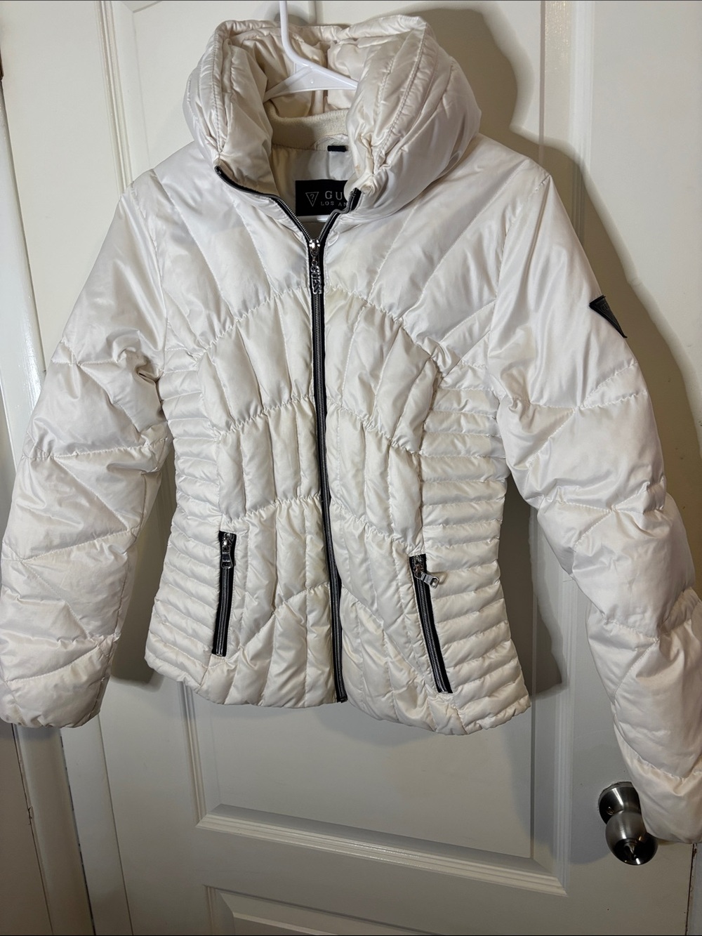 Guess White Quilted Puffer Jacket with High Collar